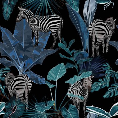 Tropik çiçek yaprakları, mavi palmiye muz bitkisi ve yapraklar, siyah arka planda zebra vahşi hayvan çiçeksiz desen. Egzotik safari duvar kağıdı.