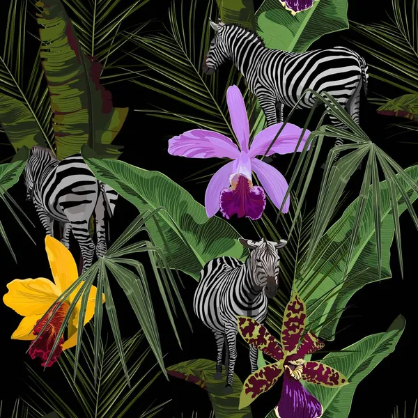 Tropikalne Liście Kwiatowe Egzotyczne Kwiaty Storczyka Palma Banan Roślin Liści — Wektor stockowy