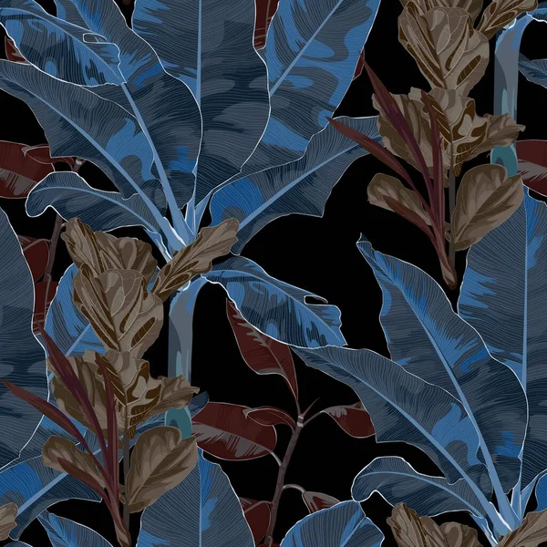 Abstraktes Blattmuster Verschiedene Pflanzen Und Bäume Braunblauen Farben Auf Schwarzem — Stockvektor