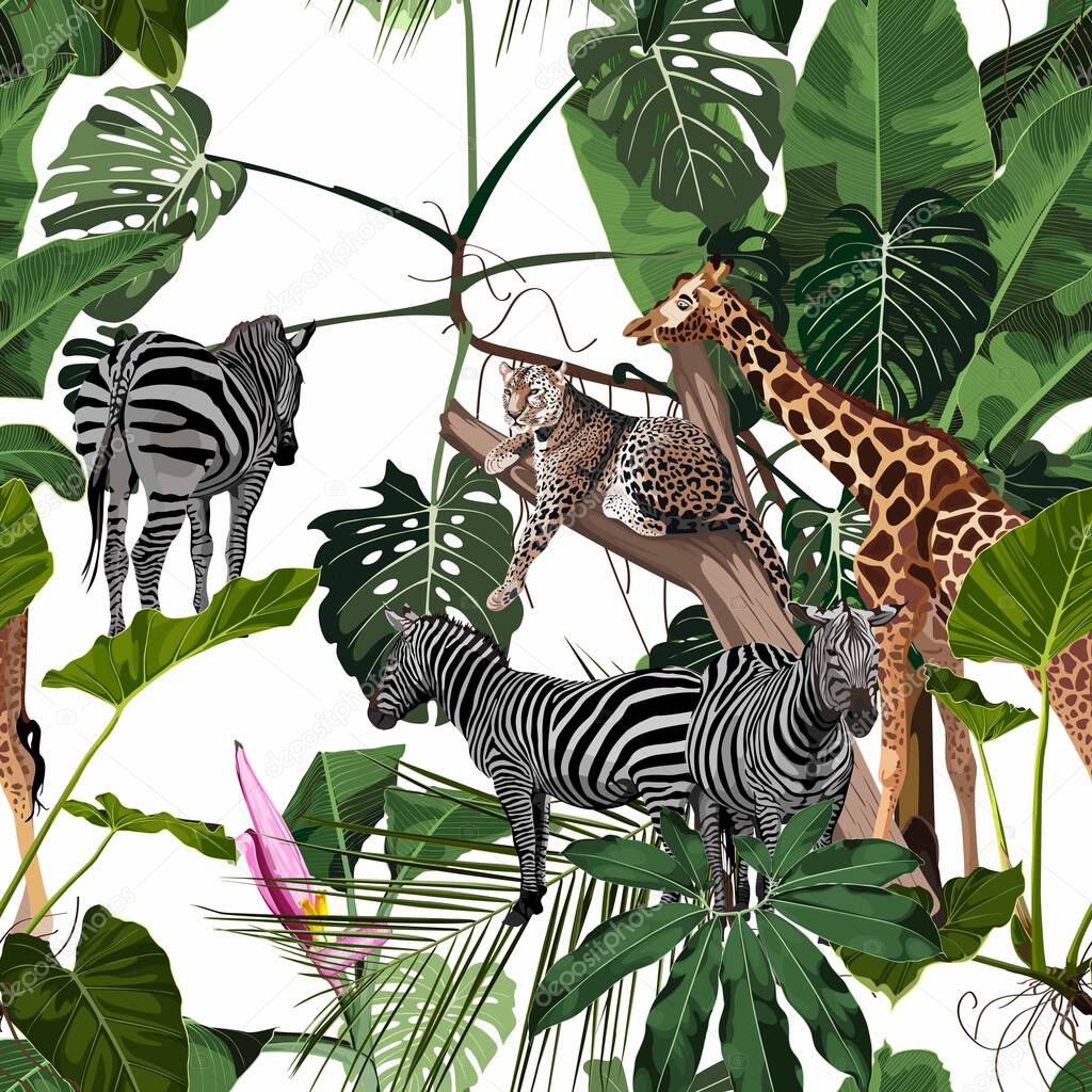 Tropical wild animals, flamingo, zebra, giraffe, leopard jaguar Savannah cat sleeping on a tree and palm trees, banana tree. Floral seamless pattern on white background. Exotic jungle wallpaper.