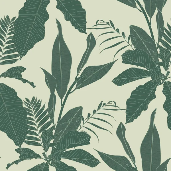緑の手描き線熱帯の葉や花とエレガントなシームレスなパターン ヴィンテージグリーンの背景 — ストックベクタ