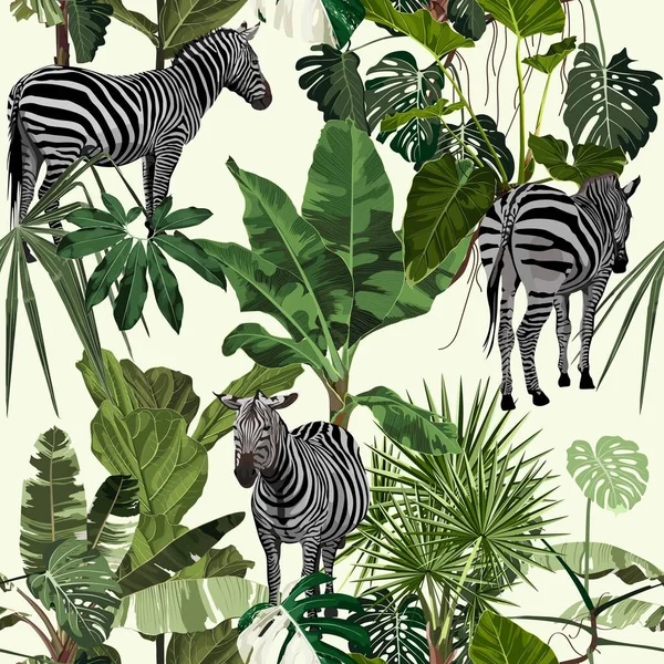 Tropikalne Liście Kwiatowe Palma Bananowa Palma Wentylatora Zebra Dzikie Zwierzęta — Wektor stockowy