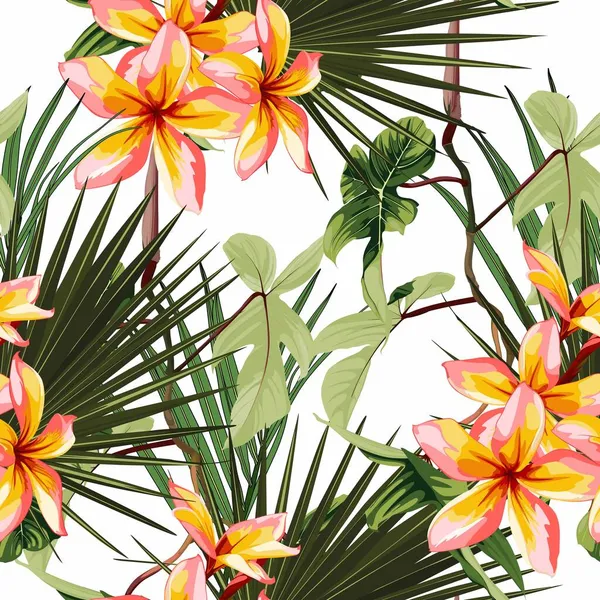 Patrón Brillante Sin Costuras Con Flores Hojas Plumeria Naranja Tropical — Vector de stock