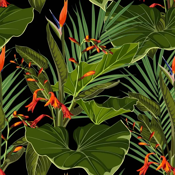 Patrón Brillante Sin Costuras Con Flores Hojas Strelitzia Naranja Tropical — Vector de stock