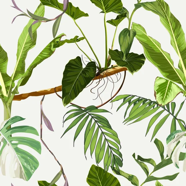 Банановое Дерево Бесшовный Цветочный Узор Экзотическими Листьями Растений Пальм Тропический — стоковый вектор