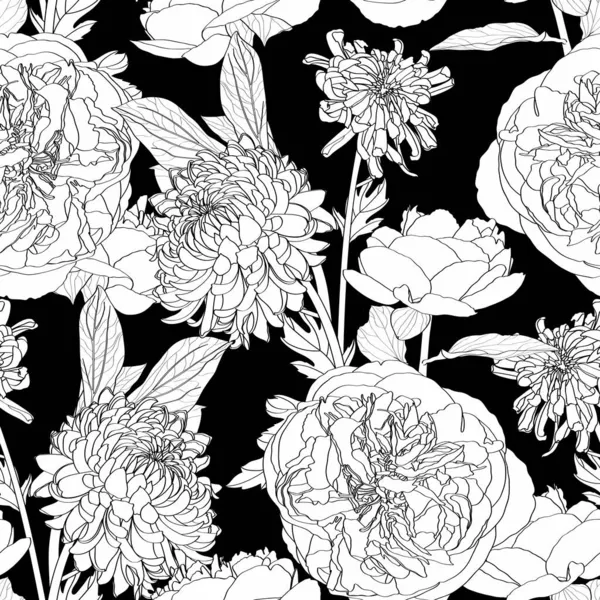 Motif Sans Couture Avec Chrysanthème Fleurs Pivoine Ornement Naturel Vintage — Image vectorielle