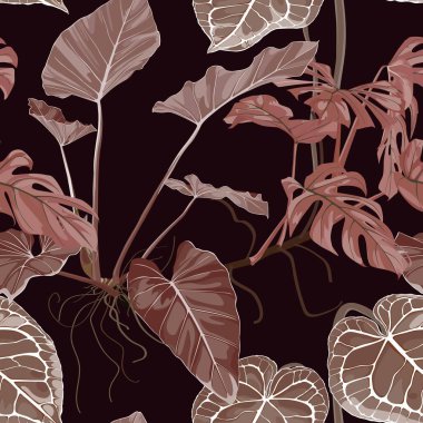 Soyut yapraklar, dikişsiz desen, çeşitli bitki ve ağaçlar, bitkiler ve yapraklar siyah arkaplanda kahverengi renklerde.