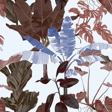 Soyut yaprak, dikişsiz desen, çeşitli bitki ve ağaç, kahverengi bitkiler ve yapraklar, bej arka planda menekşe renkleri.