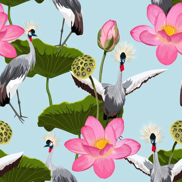 Motif Sans Couture Avec Grues Japonaises Fleurs Lotus Avec Feuilles — Image vectorielle