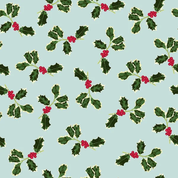 Naadloos Patroon Met Kerstsymbool Holly Bladeren Blauwe Achtergrond Handgetekende Vectorillustratie — Stockvector