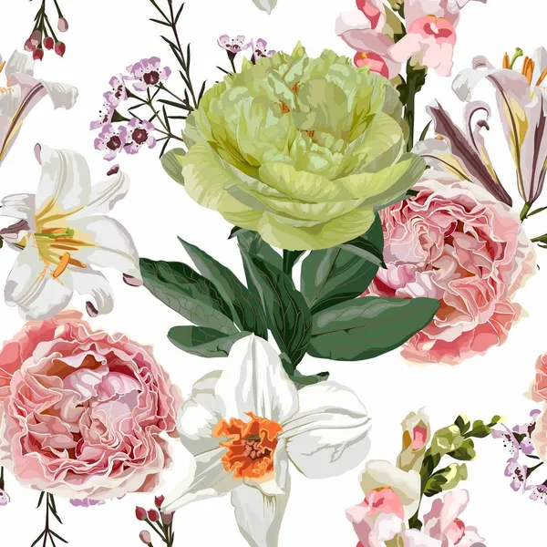 Floral Seamless Pattern Παιώνια Λουλούδια Τριαντάφυλλα Και Κρίνα Λουλούδια Και — Διανυσματικό Αρχείο