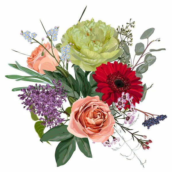 Handgezeichnete Illustration Eines Schönen Pfingstrosen Und Gartenblumenstraußes Element Für Hochzeitseinladung — Stockvektor