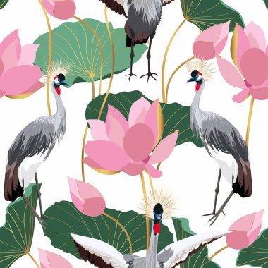 Kusursuz desenli Japon vinçleri yapraklı nilüfer çiçekleri, işlemeli pullar. Beyaz arka planda Çin turnaları.