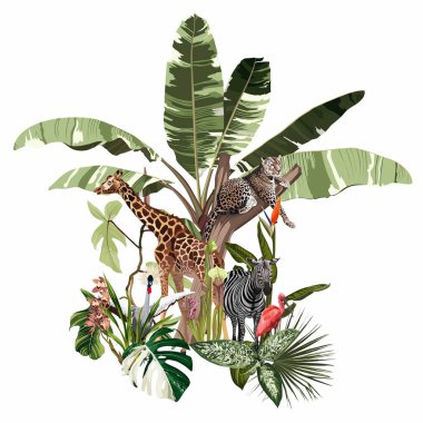 Mevsim Soyut Doğa Sancak Arkaplanı. Orman bitkileri, çizgi film hayvanları leopar, zürafa, zebra tropikal yapraklı egzotik kart elementi.