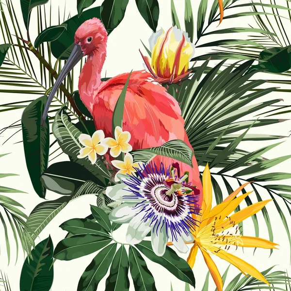 Ptáci Scarlet Ibis Houštinách Palmovými Listy Exotickými Květy Ručně Kreslená — Stockový vektor
