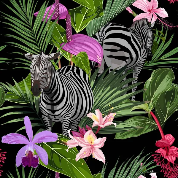 Tropické Květinové Listy Palmové Banány Exotické Květiny Zebry Volně Žijících — Stockový vektor