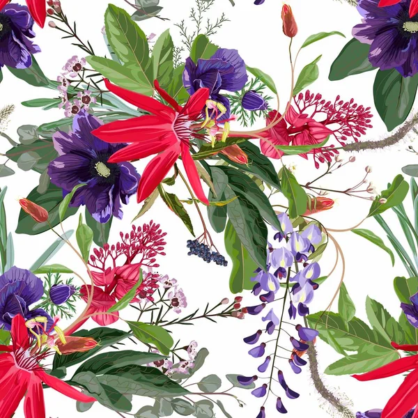 Tutku çiçeği, klematit deseni, tomurcuklar ve beyaz arka planda tropik yapraklar. Duvar kağıdı, tebrik kartı, web tasarımı, kupon, broşür ve pankart tasarımı için çiçek açan. 
