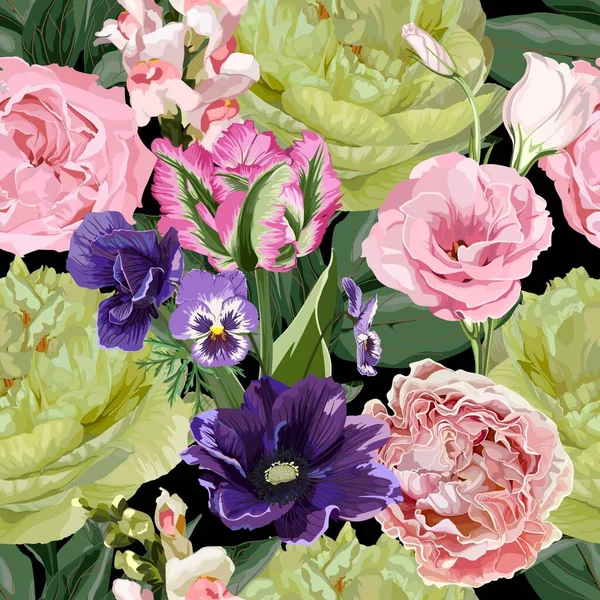 Padrão Sem Costura Floral Com Flores Peônia Rosas Lírios Flores —  Vetores de Stock