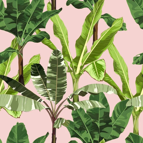 バナナの木 エキゾチックな植物やヤシの葉を持つシームレスな花のパターン ピンクを背景にしたトロピカルパターン — ストックベクタ