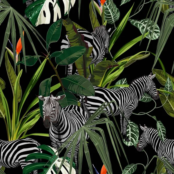 Feuilles Florales Tropicales Palmier Bananier Fleurs Exotiques Strelitzia Zèbre Animal — Image vectorielle
