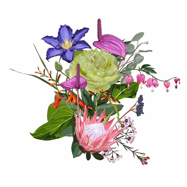 Illustration Dessinée Main Beau Bouquet Pivoines Fleurs Tropicales Élément Pour — Image vectorielle