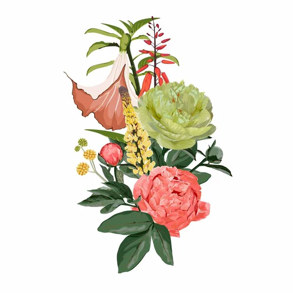Illustration Dessinée Main Beau Bouquet Pivoines Fleurs Tropicales Élément Pour — Image vectorielle