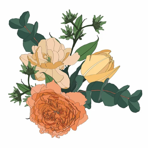 Illustrazione Disegnata Mano Bellissimo Bouquet Fiori Peonie Tulipani Elemento Invito — Vettoriale Stock