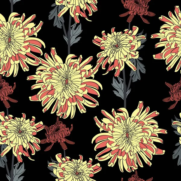 Seamless Background Embroidery Japanese Simple Colored Yellow Chrysanthemums Black Inscription — стоковий вектор