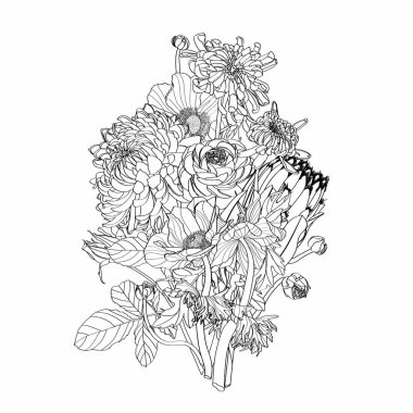 Siyah beyaz el çizimi otlar, bahçe çiçekleri ve çizim tarzında böcekler olan çiçek buketleri..