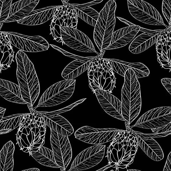 Seamless Pattern Magnolia Flowers Branch Seeds Black Background Line Art — Vetor de Stock