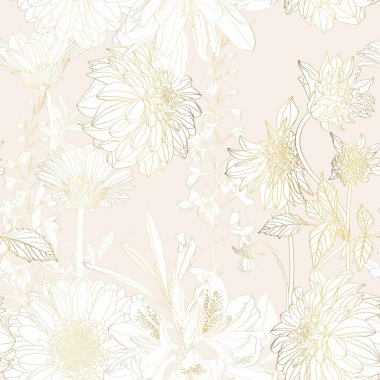 Bahçe çiçekleri altın çizgili çiçekler, yaprakları pürüzsüz desenli bir sürü çiçek. Bej arka plan. Altın çiçekli duvar kağıdı. 