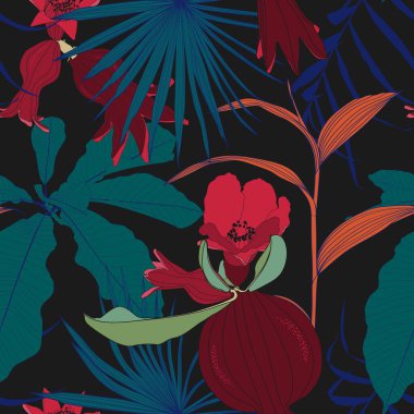 Modern, soyut, dikişsiz çiçek deseni. Palmiye yapraklı, siluetli, nar ve dış desenli modaya uygun bir şablon..