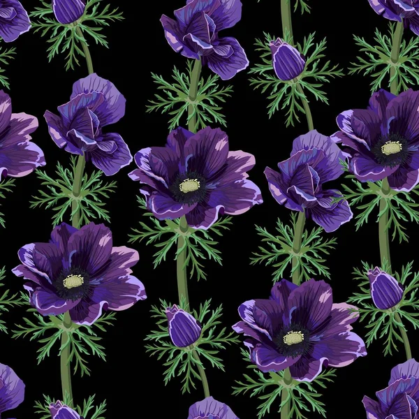 Seamless Pattern Floral Watercolor Style Design Garden Violet Anemone Flower — Vector de stoc