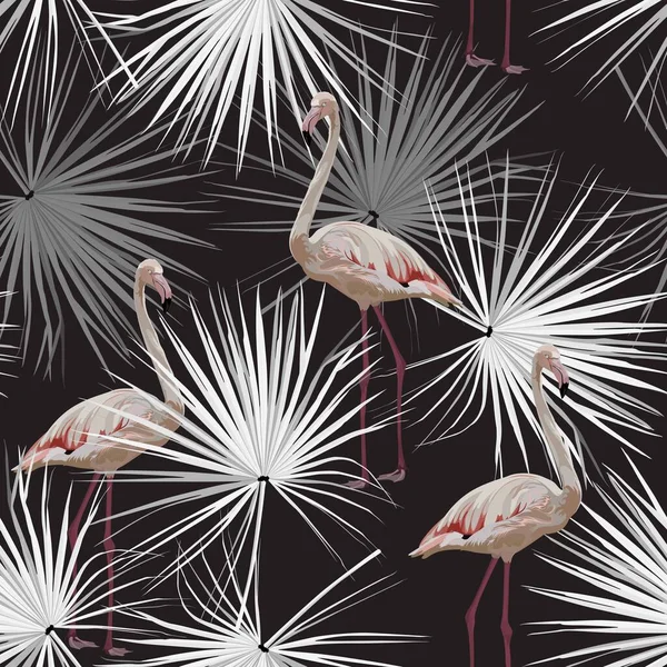 Flamant Rose Sur Fond Noir Jungle Motif Sans Couture Avec — Image vectorielle