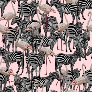 Pembe arka planda zebra ve flamingo gibi vahşi hayvanların kusursuz desenleri var.. 