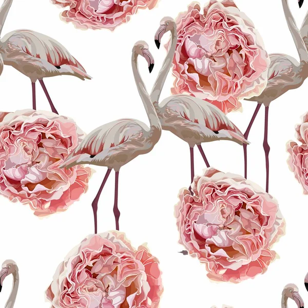 Flamingo White Background Jungle Seamless Pattern Flamingos Pink Garden Roses — Stock Vector