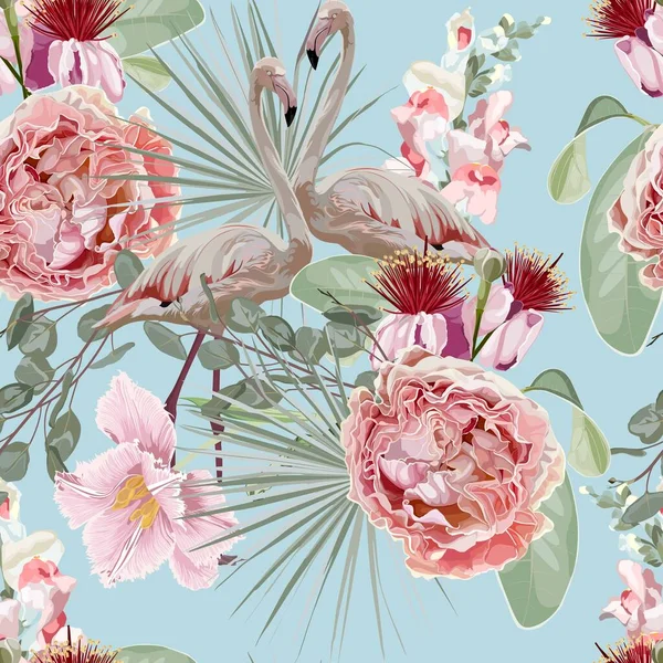 Фламинго Синем Фоне Джунгли Бесшовный Узор Фламинго Розовыми Садовыми Цветами — стоковый вектор