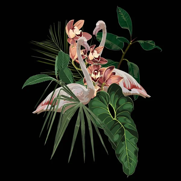 Uccelli Fenicottero Paradiso Con Foglie Esotiche Fiori Orchidea Composizione Del — Vettoriale Stock
