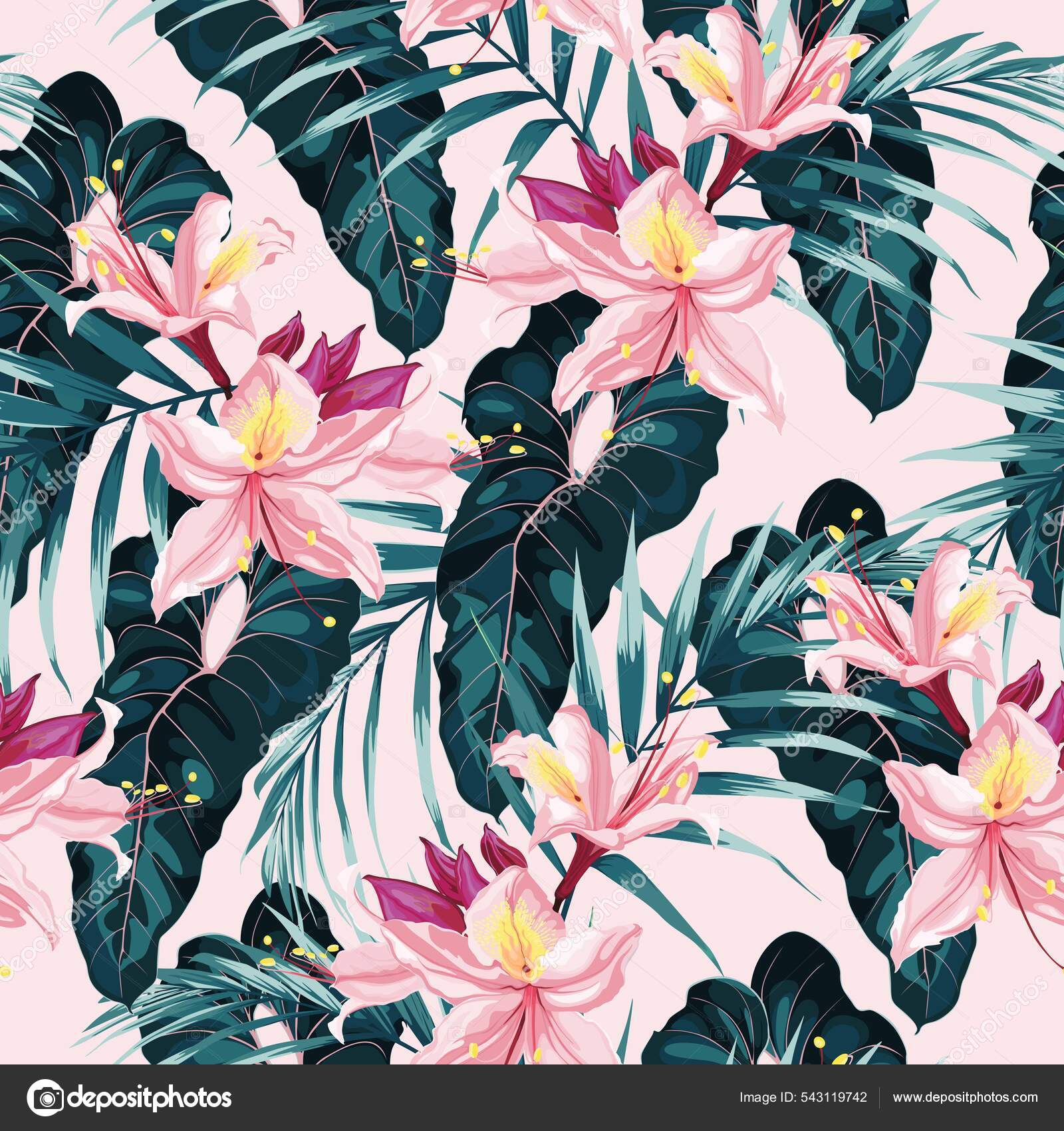 Tropischer Sommer Malerei Nahtlose Muster Mit Palmen Bananenblatt Und  Blumen Stock-Vektorbild von ©14jan092017 543119742, image size:1600x1700
