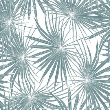 Beyaz arka planda mavi tropik hayran palmiyesi yaprakları olan, modaya uygun, pürüzsüz tropikal desenler. Güzel egzotik bitkiler. Modayı takip eden Hawaii baskısı. 