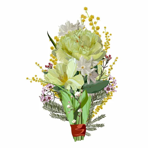 Blumenstrauß Blumenstrauß Designobjekt Element Tulpen Narzissen Pfingstrosen Mimosen Rustikale Florale — Stockvektor