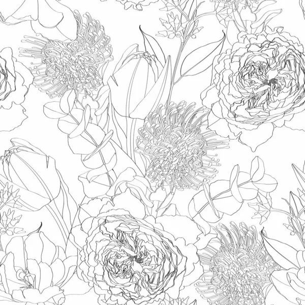 Fleurs Ligne Florale Tropicale Motif Sans Couture Branche Eucaliptus Fond — Image vectorielle