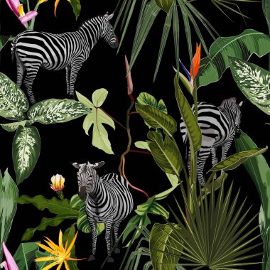 Tropik çiçek yaprakları, palmiye ağacı ve yelpaze palmiyesi, zebra vahşi hayvan çiçekleri siyah arka planda dikişsiz desen. Egzotik safari duvar kağıdı.