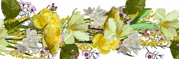 Horizontale Nahtlose Hintergrund Mit Frühlingsblumen Rosen Tulpen Mimosen Narzissen Illustration — Stockvektor