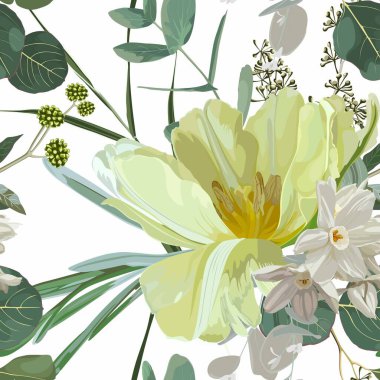 Lale, narsis çiçeği ve okaliptüs yapraklı çiçeksiz desen. Beyaz arkaplanda açan çiçekler.