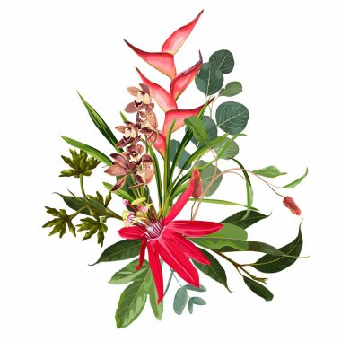 Okaliptüslü güzel bir tropikal çiçek buketinin el çizimi. Düğün davetiyesi için unsur, Valentine veya diğerleri..