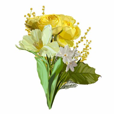 Güzel bir şakayık, lale ve bahçenin el çizimi, bahar sarısı çiçek buketi. Düğün davetiyesi için unsur, Valentine veya diğerleri..