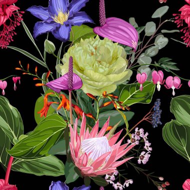 Şakayık, tropikal çiçekler ve yapraklarla desensiz çiçek deseni. Siyah Arkaplanda Çiçekler Açar.