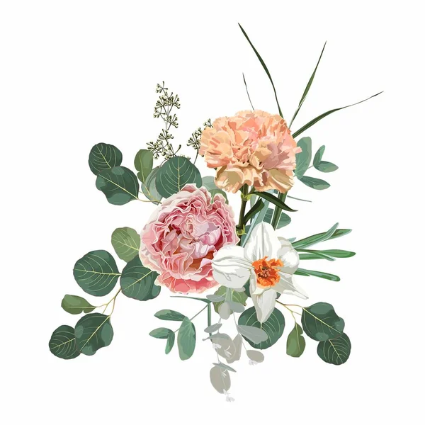 Illustration Dessinée Main Beau Bouquet Fleurs Jardin Avec Eucaliptus Élément — Image vectorielle