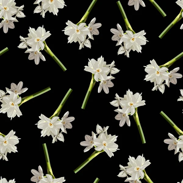 Ρετρό Λουλούδι Απρόσκοπτη Μοτίβο Ασφόδελοι Άνοιξη Λουλούδια Νάρκισσος Μαύρο Φόντο — Διανυσματικό Αρχείο
